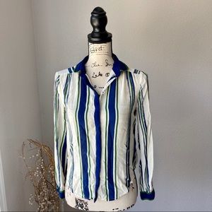 Anthropologie Maeve  Button Up Striped Blue Top Blouse